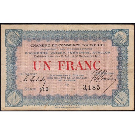 Auxerre - Pirot 17-1 - 1 franc - Série 116 - 19/12/1915 - Etat : TB