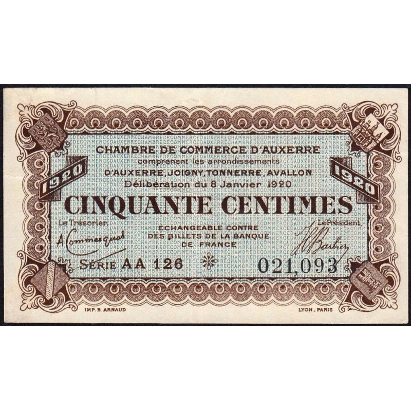 Auxerre - Pirot 17-20 - 50 centimes - Série AA 126 - 08/01/1920 - Etat : TTB+