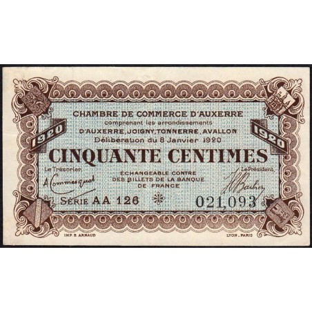 Auxerre - Pirot 17-20 - 50 centimes - Série AA 126 - 08/01/1920 - Etat : TTB+