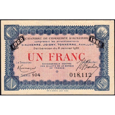 Auxerre - Pirot 17-22 - 1 franc - Série 104 - 08/01/ 1920 - Etat : SPL