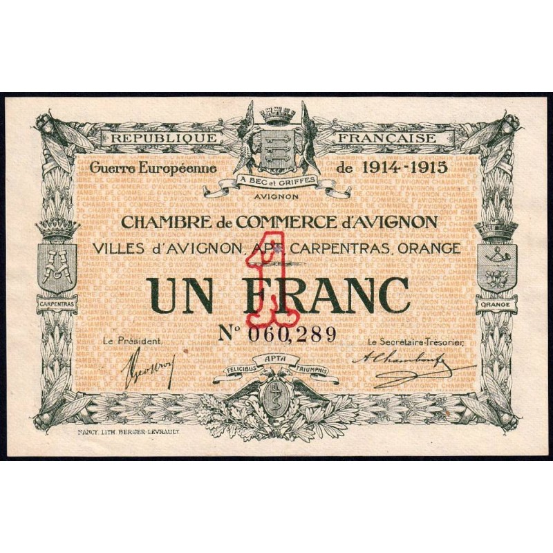 Avignon - Pirot 18-5 - 1 franc - 11/08/1915 - Etat : SPL