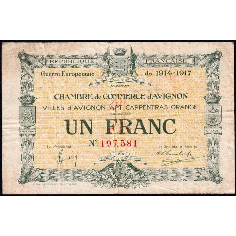 Avignon - Pirot 18-17 - 1 franc - 11/08/1915 (1917) - Etat : TB-