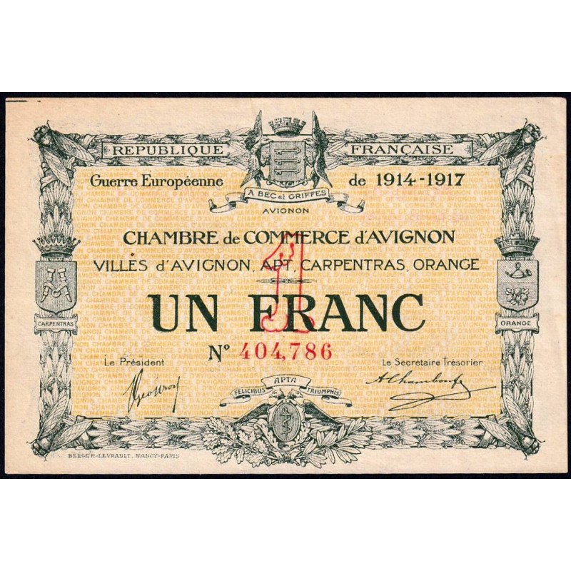 Avignon - Pirot 18-17 - 1 franc - 11/08/1915 (1917) - Etat : SUP+
