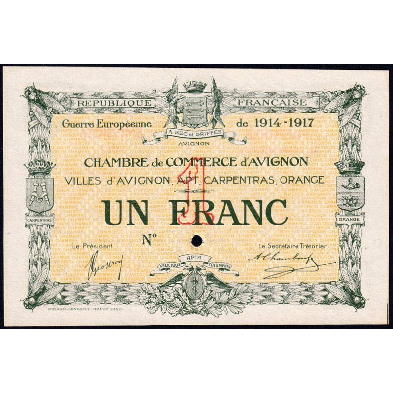 Avignon - Pirot 18-20 - 1 franc - 11/08/1915 (1917) - Spécimen -  Etat : NEUF