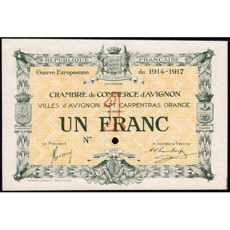 Avignon - Pirot 18-20 - 1 franc - 11/08/1915 (1917) - Spécimen -  Etat : NEUF