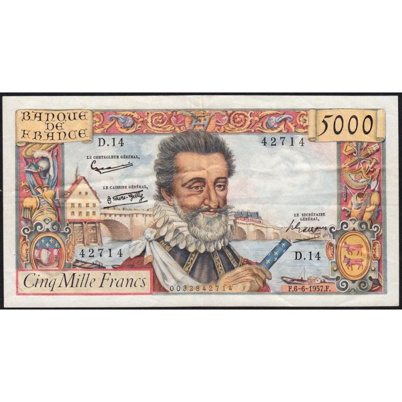 F 49-02- 06/06/1957 - 5000 francs - Henri IV - Série D.14 - Etat : TTB