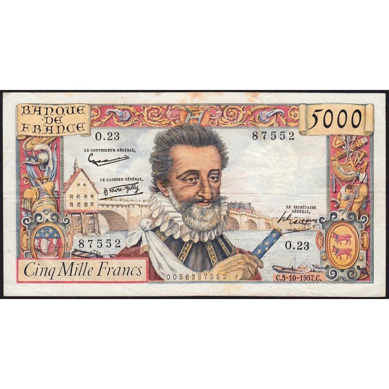 F 49-03- 03/10/1957 - 5000 francs - Henri IV - Série O.23 - Etat : TB