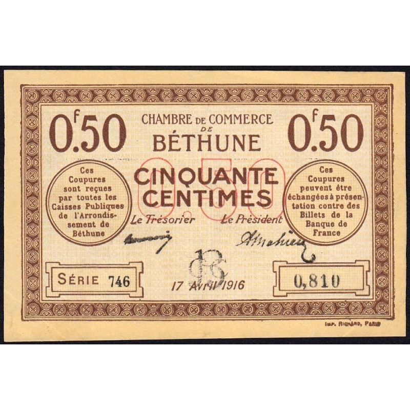 Béthune - Pirot 26-15 - 50 centimes - Série 746 - 17/04/1916 - Etat : SUP+