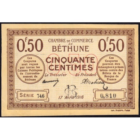 Béthune - Pirot 26-15 - 50 centimes - Série 746 - 17/04/1916 - Etat : SUP+