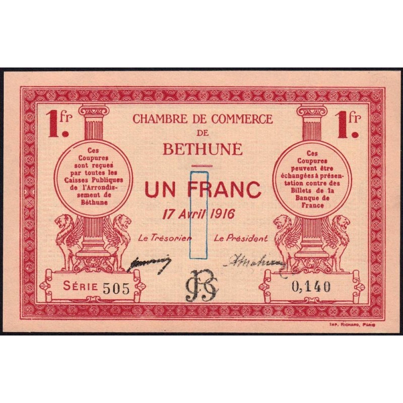 Béthune - Pirot 26-17 - 1 franc - Série 505 - 17/04/1916 - Etat : NEUF