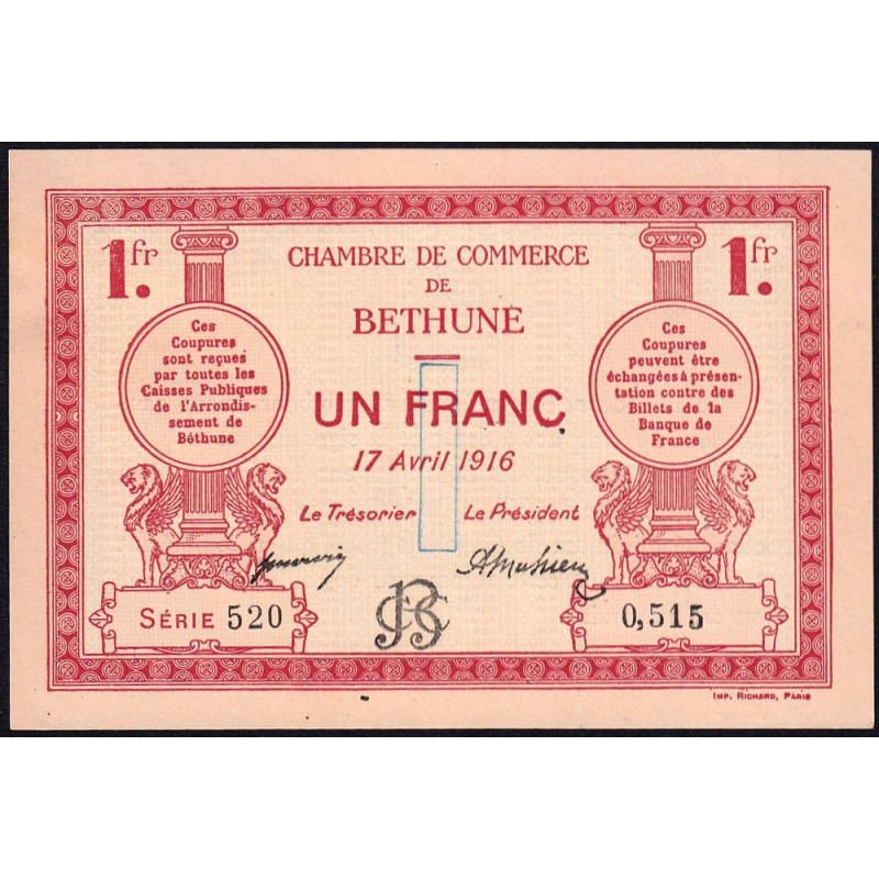 Béthune - Pirot 26-17 - 1 franc - Série 520 - 17/04/1916 - Etat : SPL