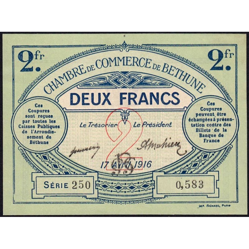 Béthune - Pirot 26-19 - 2 francs - Série 250 - 17/04/1916 - Etat : SPL