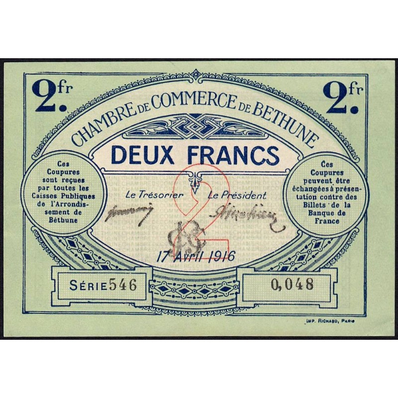 Béthune - Pirot 26-19 - 2 francs - Série 546 - 17/04/1916 - Etat : SPL