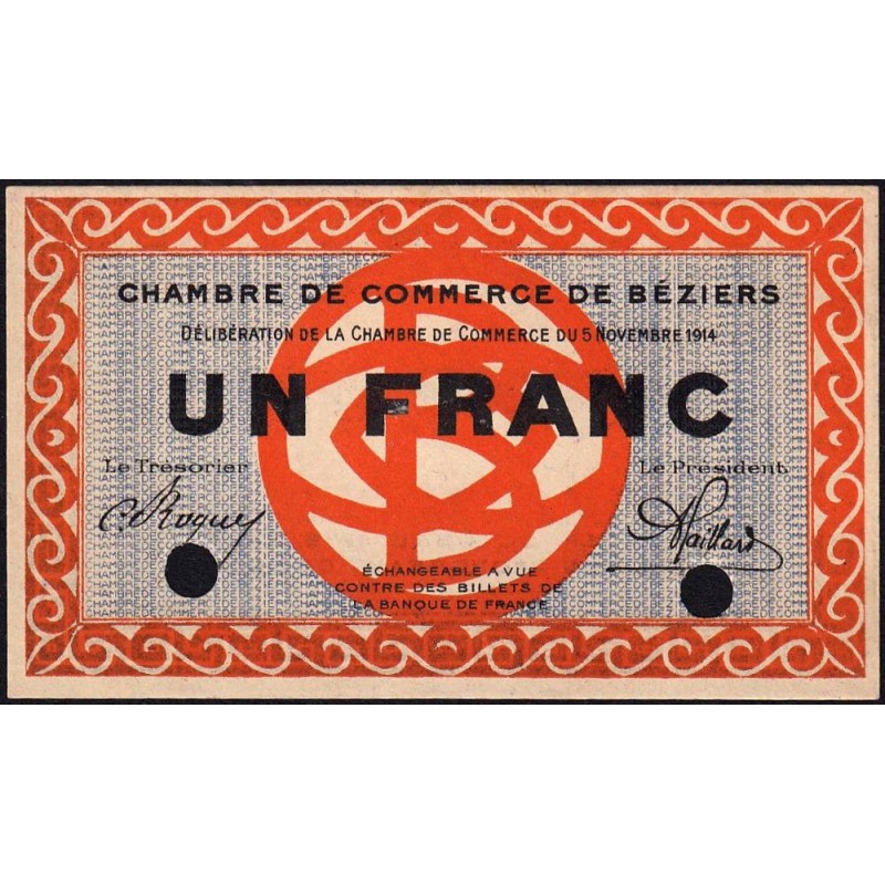 Béziers - Pirot 27-2 - 1 franc - Sans série - 05/11/1914 - Spécimen - Etat : NEUF