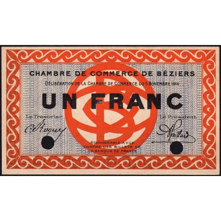 Béziers - Pirot 27-2 - 1 franc - Sans série - 05/11/1914 - Spécimen - Etat : NEUF