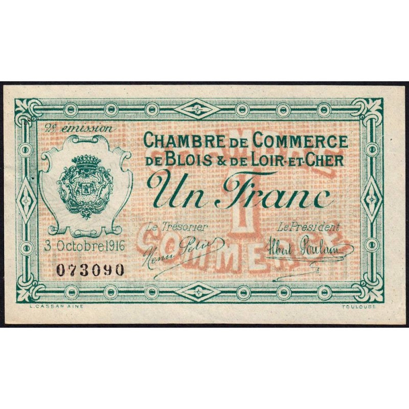 Blois (Loir-et-Cher) - Pirot 28-7 - 1 franc - 03/10/1916 - Etat : SUP