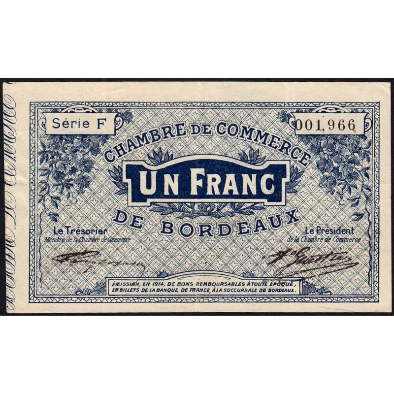 Bordeaux - Pirot 30-2 - 1 franc- Série F - 1914 - Etat : TTB+