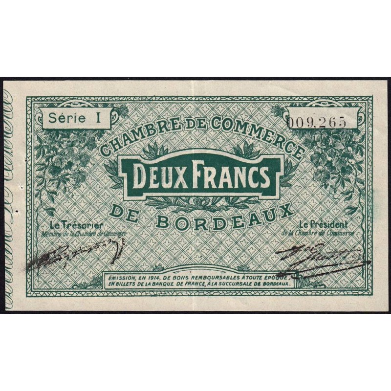 Bordeaux - Pirot 30-3 - 2 francs- Série I - 1914 - Etat : TTB+