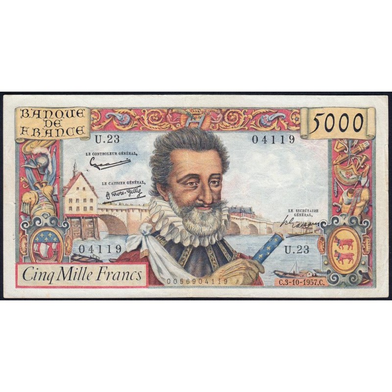 F 49-03- 03/10/1957 - 5000 francs - Henri IV - Série U.23 - Etat : TB+