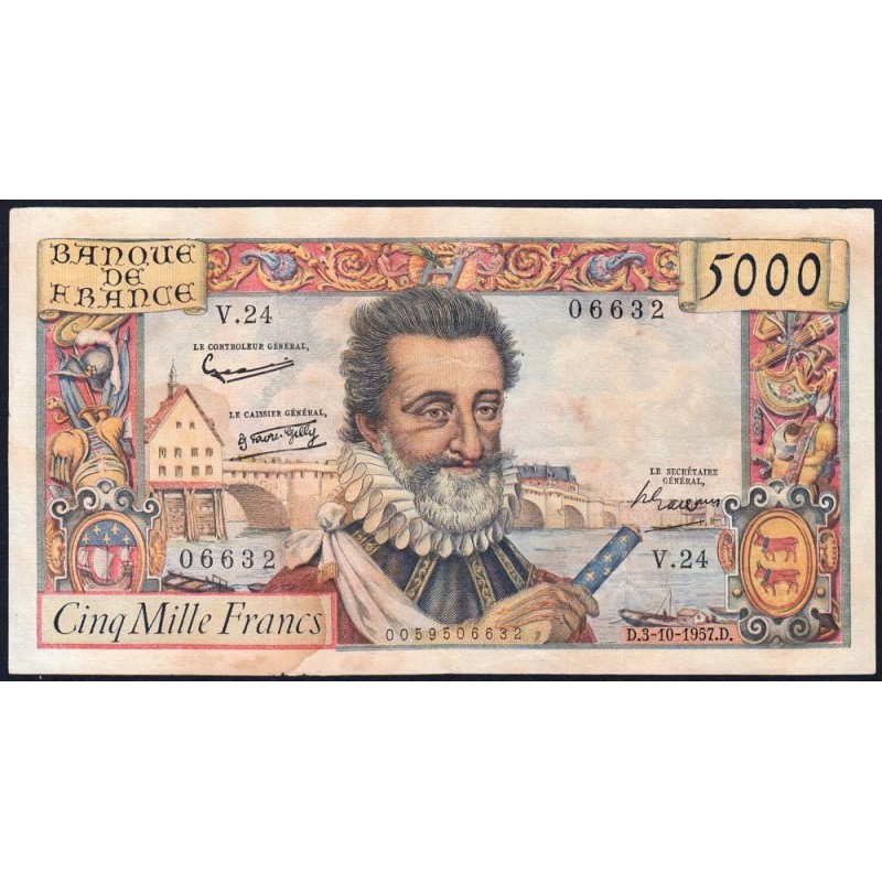 F 49-03- 03/10/1957 - 5000 francs - Henri IV - Série V.24 - Etat : TB-