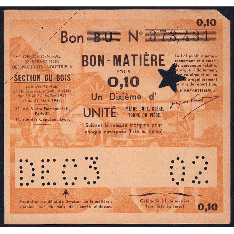 Section du Bois - 0,10 unité - 31/12/1943 - Code 02 - Série BU - Etat : TTB+
