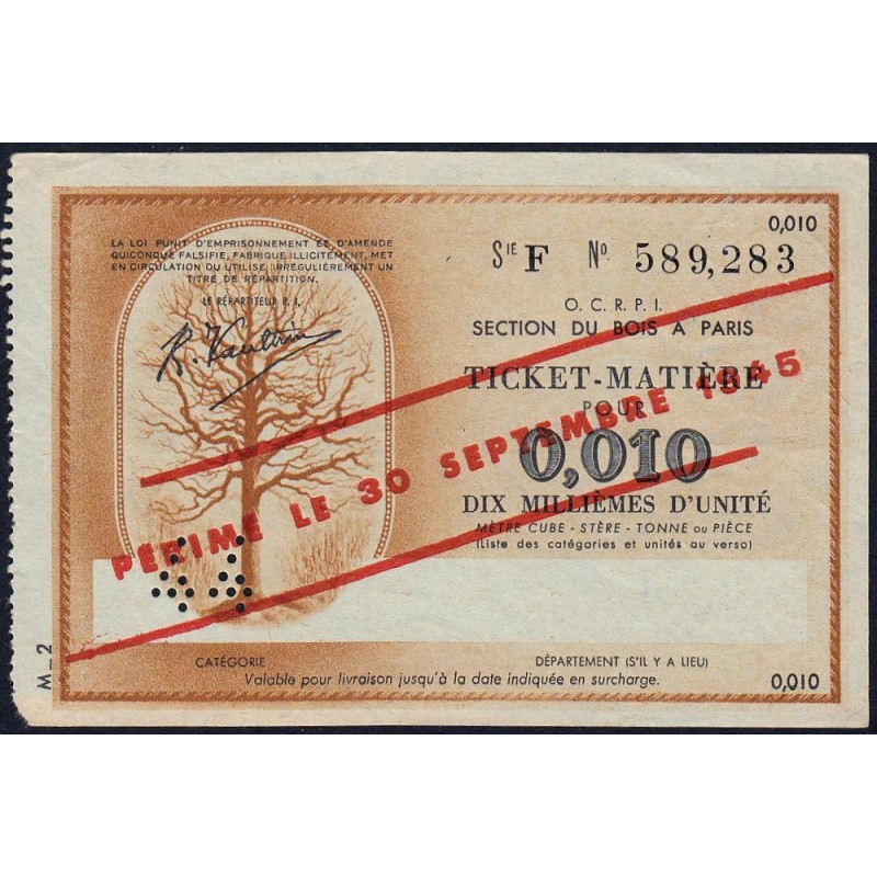 Section du Bois à Paris - 0,100 unité - 30/09/1945 - Code 44 - Série F - Etat : SUP