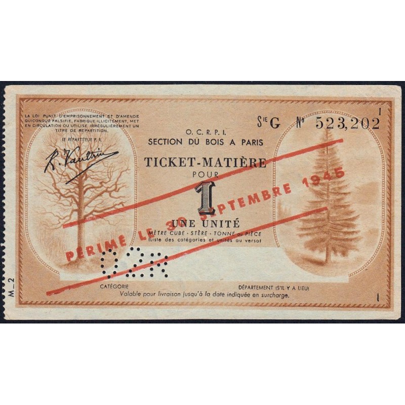 Section du Bois à Paris - 1 unité - 30/09/1945 - Code 02R - Série G - Etat : SUP