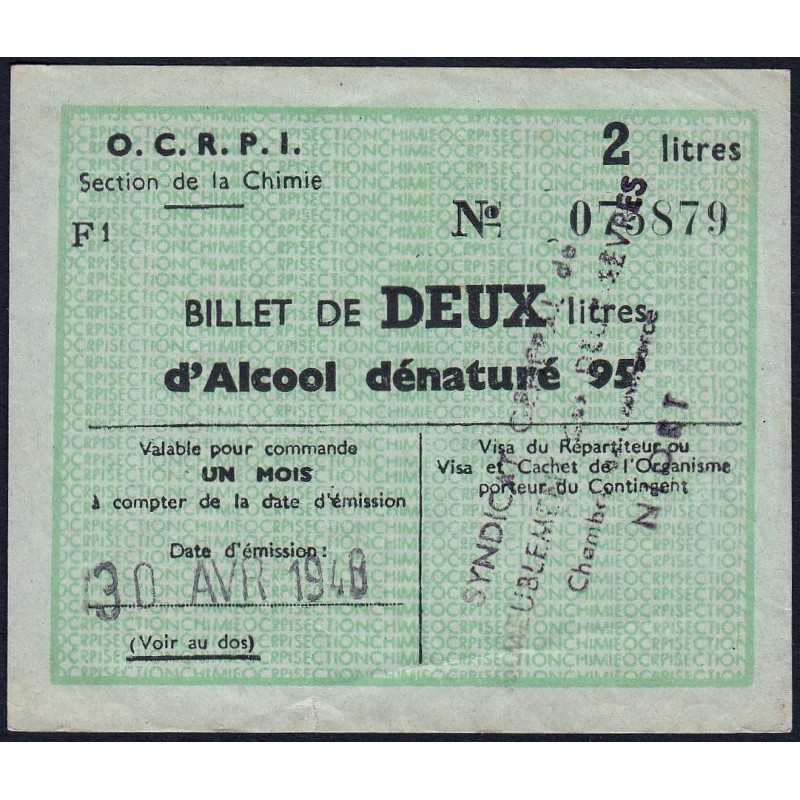 Section de la Chimie - 2 litres alcool dénaturé - 30/04/1948 - Catégorie F1 - Etat : TTB