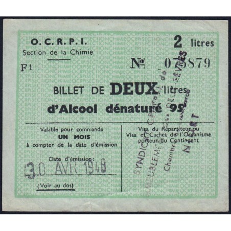 Section de la Chimie - 2 litres alcool dénaturé - 30/04/1948 - Catégorie F1 - Etat : TTB