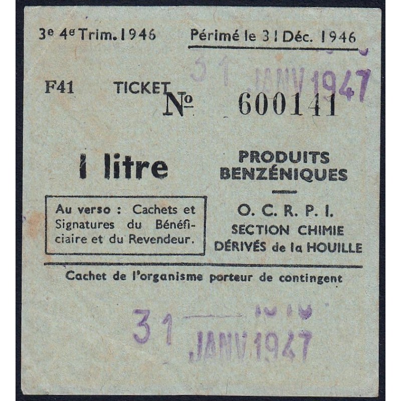 Section de la Chimie - 1 litre produits benzéniques - 31/01/1947 - Catégorie F41 - Etat : TTB