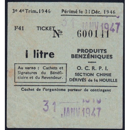 Section de la Chimie - 1 litre produits benzéniques - 31/01/1947 - Catégorie F41 - Etat : TTB