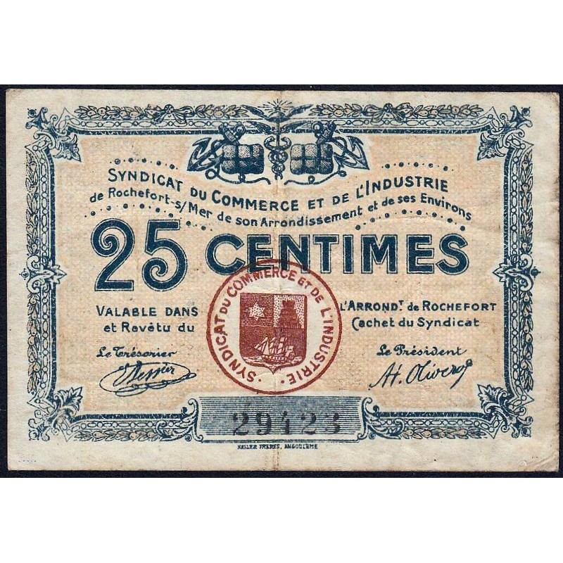 Rochefort-sur-Mer - Syndicat du Commerce et de l'Industrie - 25 centimes - Sans série - Etat : TB