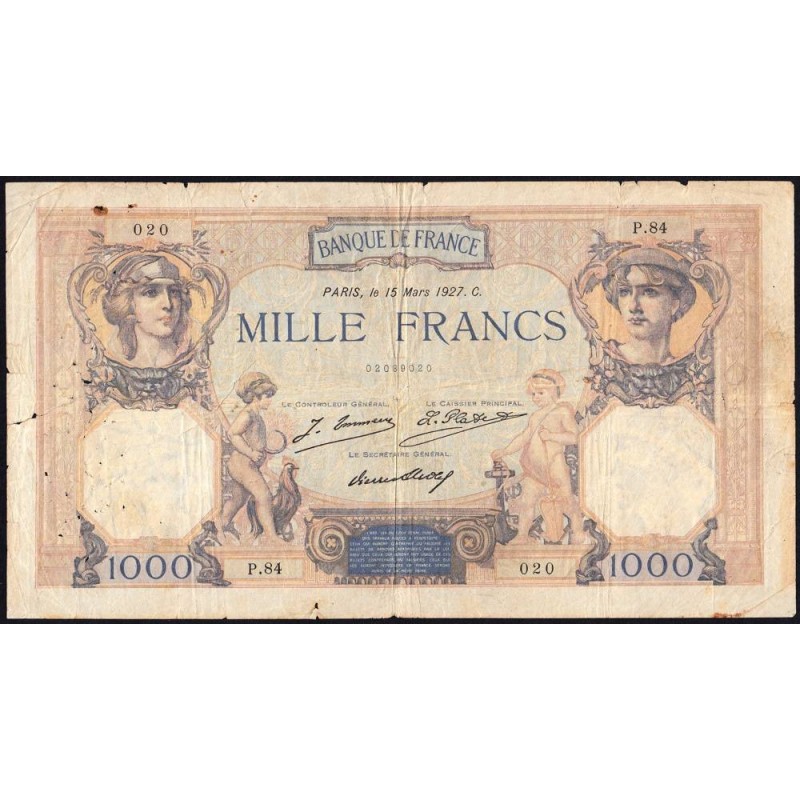 F 37-01 - 15/03/1927 - 1000 francs - Cérès et Mercure - Série P.84 - Etat : B+