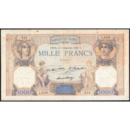 F 37-07 - 01/09/1932 - 1000 francs - Cérès et Mercure - Série T.1900 - Etat : B+