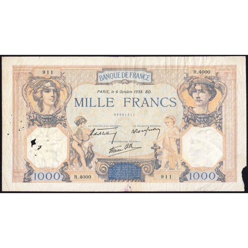 F 38-28 - 06/10/1938 - 1000 francs - Cérès et Mercure mod. - Série R.4000 - Etat : B+