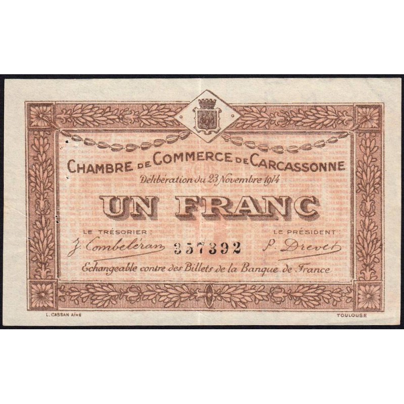 Carcassonne - Pirot 38-6 variété - 1 franc - 1914 - Etat : TTB+