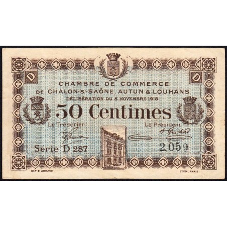 Chalon-sur-Saône, Autun, Louhans - Pirot 42-16 - 50 centimes - Série D 287 - 05/11/1918 - Etat : SUP