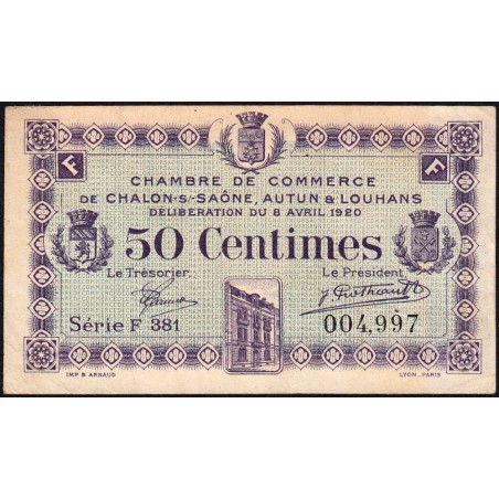 Chalon-sur-Saône, Autun, Louhans - Pirot 42-24 - 50 centimes - Série F 381 - 08/04/1920 - Etat : TTB