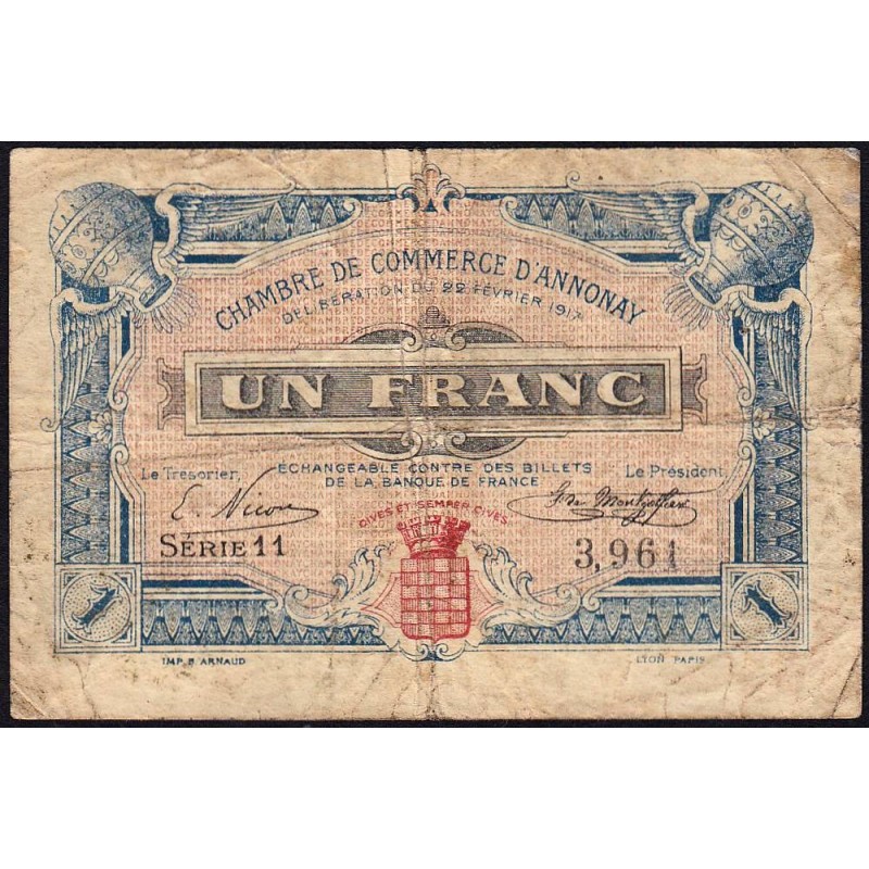 Annonay - Pirot 11-12 - 1 franc - Série 5 - 22/02/1917 - Etat : B