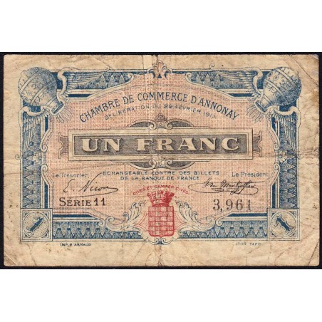 Annonay - Pirot 11-12 - 1 franc - Série 5 - 22/02/1917 - Etat : B
