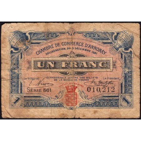 Annonay - Pirot 11-22 - 1 franc - Série 561 - 15/12/1921 - Etat : B