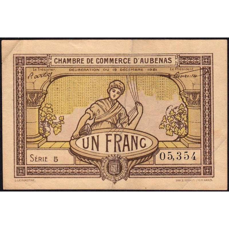 Aubenas - Pirot 14-2 - 1 franc - Série 5 - 19/12/1921 - Etat : TB+