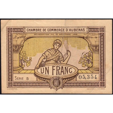 Aubenas - Pirot 14-2 - 1 franc - Série 5 - 19/12/1921 - Etat : TB+