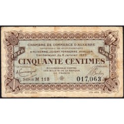 Auxerre - Pirot 17-19 - 50 centimes - Série M 113 - 08/01/1920 - Etat : B+ à TB-