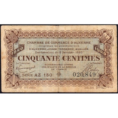 Auxerre - Pirot 17-20 - 50 centimes - Série AZ150 - 08/01/1920 - Etat : TB-