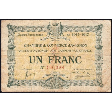 Avignon - Pirot 18-17 - 1 franc - 11/08/1915 (1917) - Etat : B