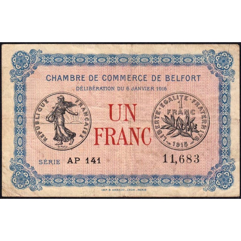 Belfort - Pirot 23-24 - 1 franc - Série AP 141 - 06/01/1916 - Etat : TB-
