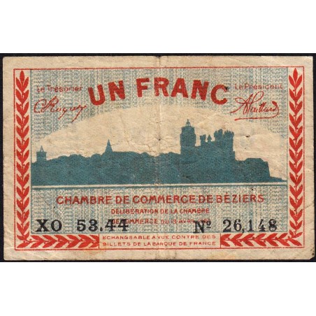 Béziers - Pirot 27-30 - 1 franc - Série XO 53.44 - 13/04/1920 - Etat : TB-