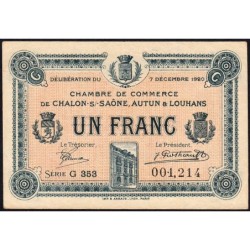 Chalon-sur-Saône, Autun, Louhans - Pirot 42-30 - 1 franc - Série G 353 - 07/12/1920 - Etat : TTB+