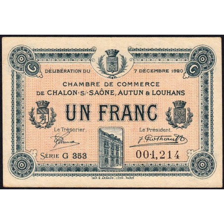 Chalon-sur-Saône, Autun, Louhans - Pirot 42-30 - 1 franc - Série G 353 - 07/12/1920 - Etat : TTB+